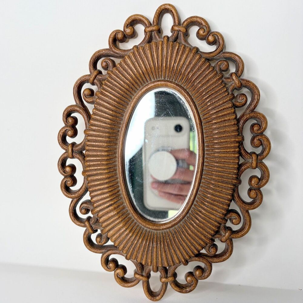 Vintage Dart Inc. Made In USA Mirror Brown Faux Wicker Plastic Frame 9" Oval